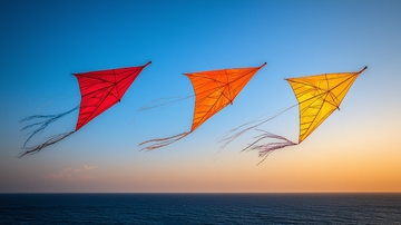 三只风筝在夕阳下飞翔