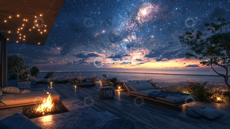 高清大图下载【趣麦麦图】星空下的海景阳台