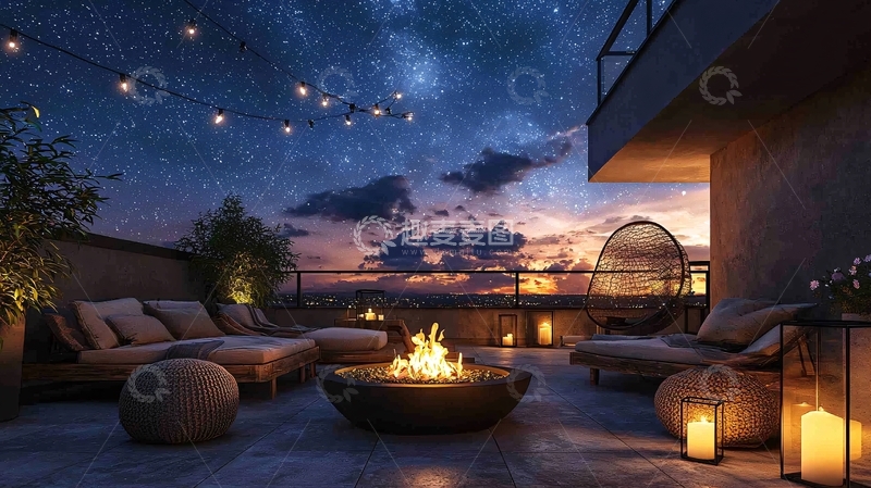 高清大图下载【趣麦麦图】屋顶星空夜景篝火休闲