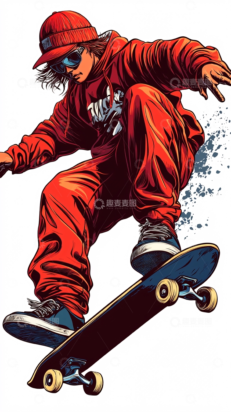 高清大图下载【趣麦麦图】红色滑板少年