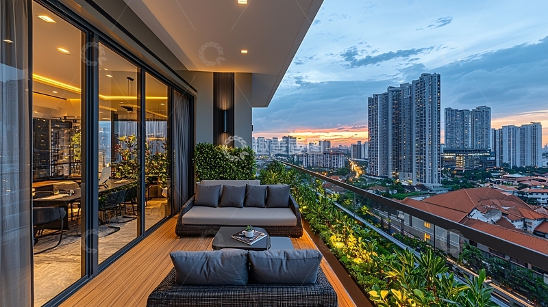 高清大图下载【趣麦麦图】高楼林立的阳台休息区