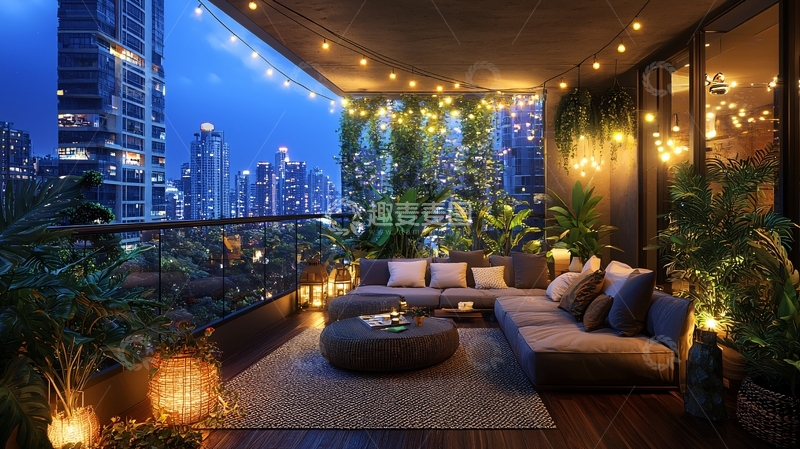 高清大图下载【趣麦麦图】-城市夜景阳台绿植灯光