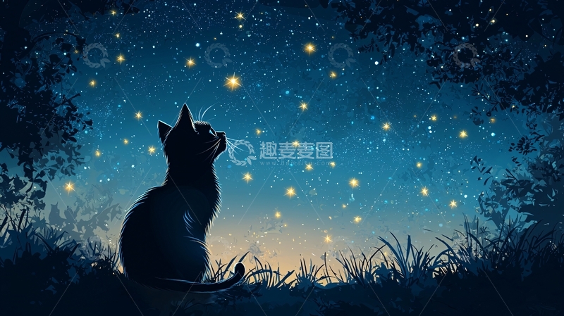 高清大图下载【趣麦麦图】星空下的猫咪