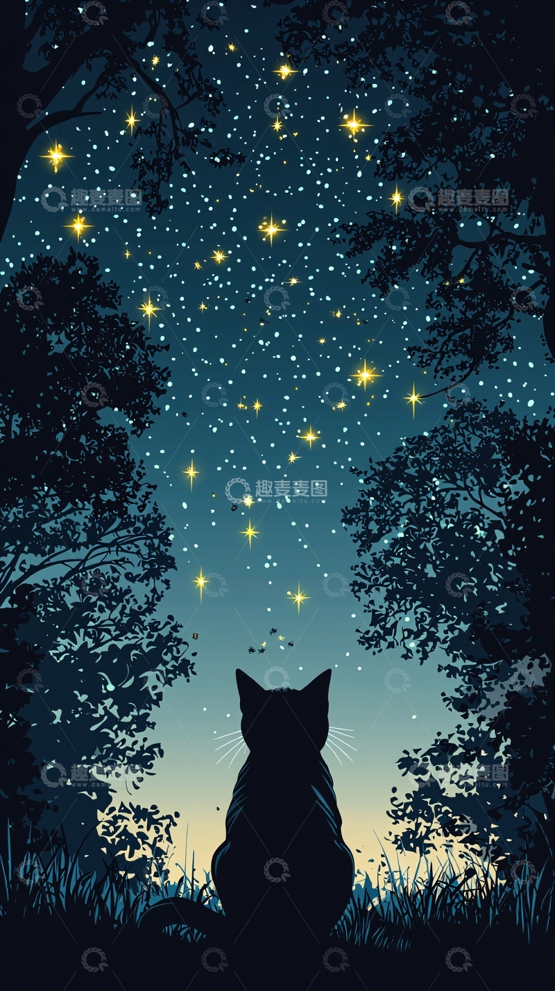 高清大图下载【趣麦麦图】黑猫仰望星空