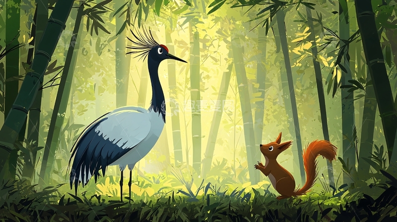 高清大图下载【趣麦麦图】丹顶鹤与松鼠的竹林
