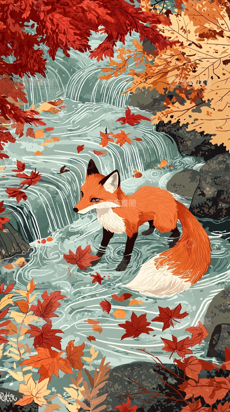 高清大图下载【趣麦麦图】秋枫落叶小溪狐狸