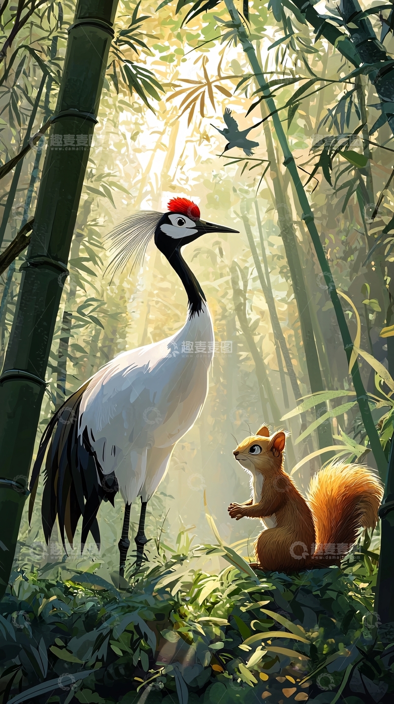 高清大图下载【趣麦麦图】仙鹤与松鼠竹林图