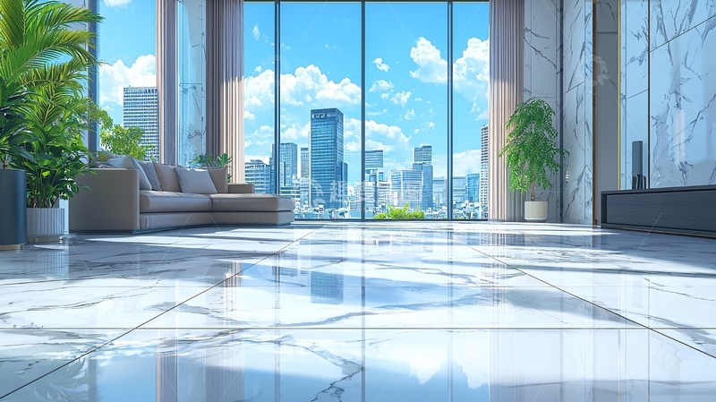 高清大图下载【趣麦麦图】现代都市景观落地窗大理石地面