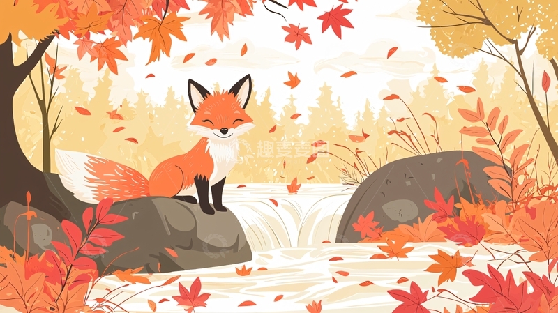 高清大图下载【趣麦麦图】秋天小狐狸瀑布