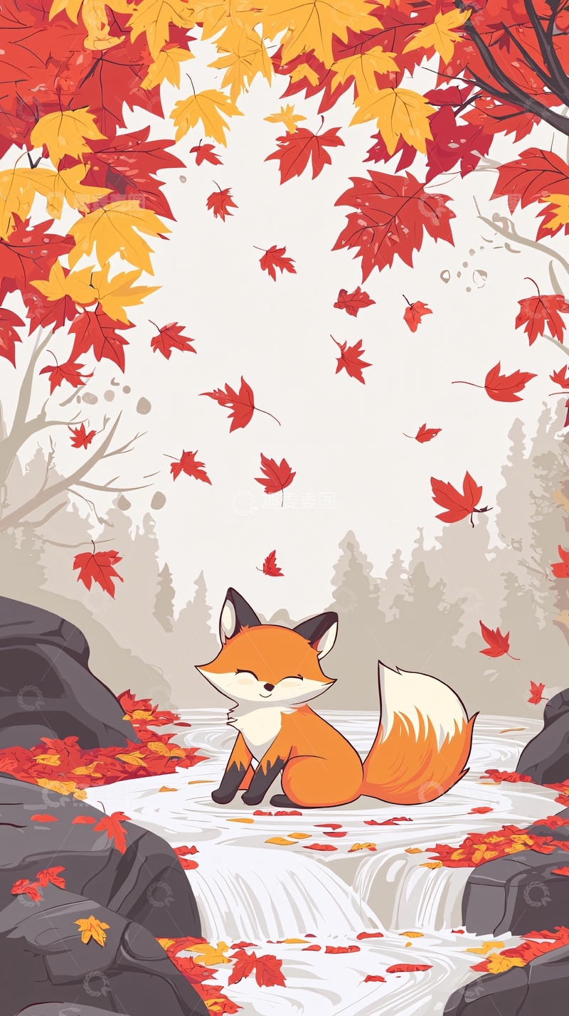 高清大图下载【趣麦麦图】秋日小狐狸溪边赏枫叶