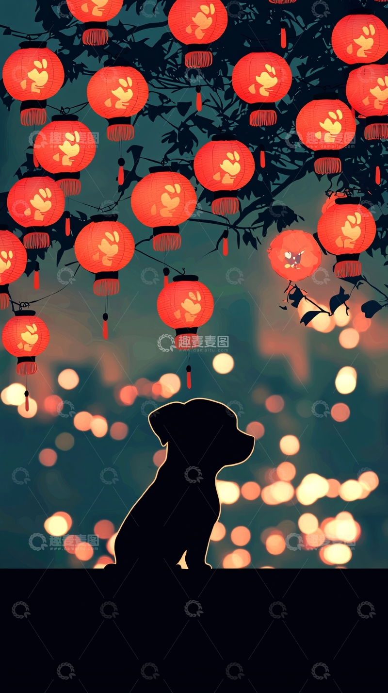高清大图下载【趣麦麦图】小狗剪影红灯笼夜景