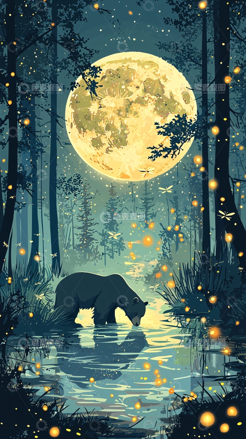 高清大图下载【趣麦麦图】黑熊森林月夜萤火虫