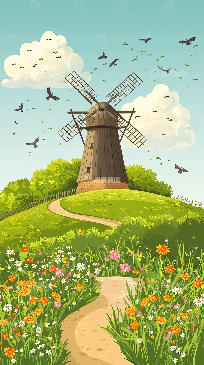 高清大图下载【趣麦麦图】田园风光中的古老风车