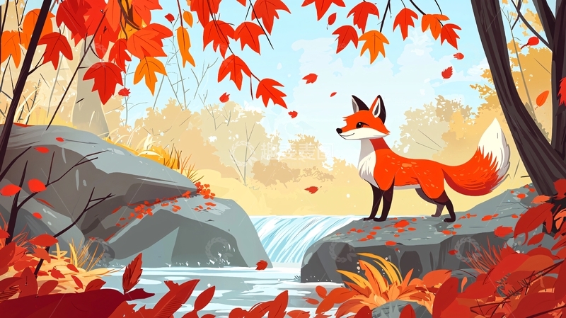 高清大图下载【趣麦麦图】秋天红狐狸瀑布