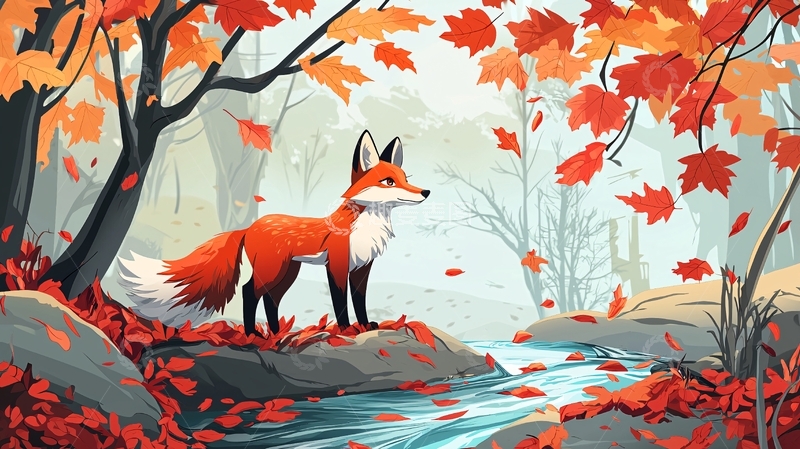 高清大图下载【趣麦麦图】红狐秋天森林溪流