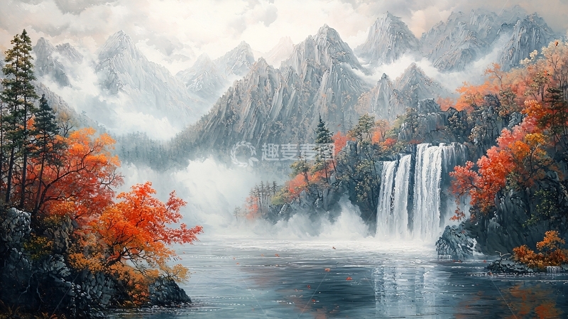 高清大图下载【趣麦麦图】秋日山谷瀑布风景画