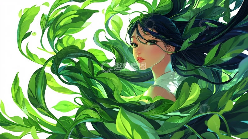 高清大图下载【趣麦麦图】绿发少女