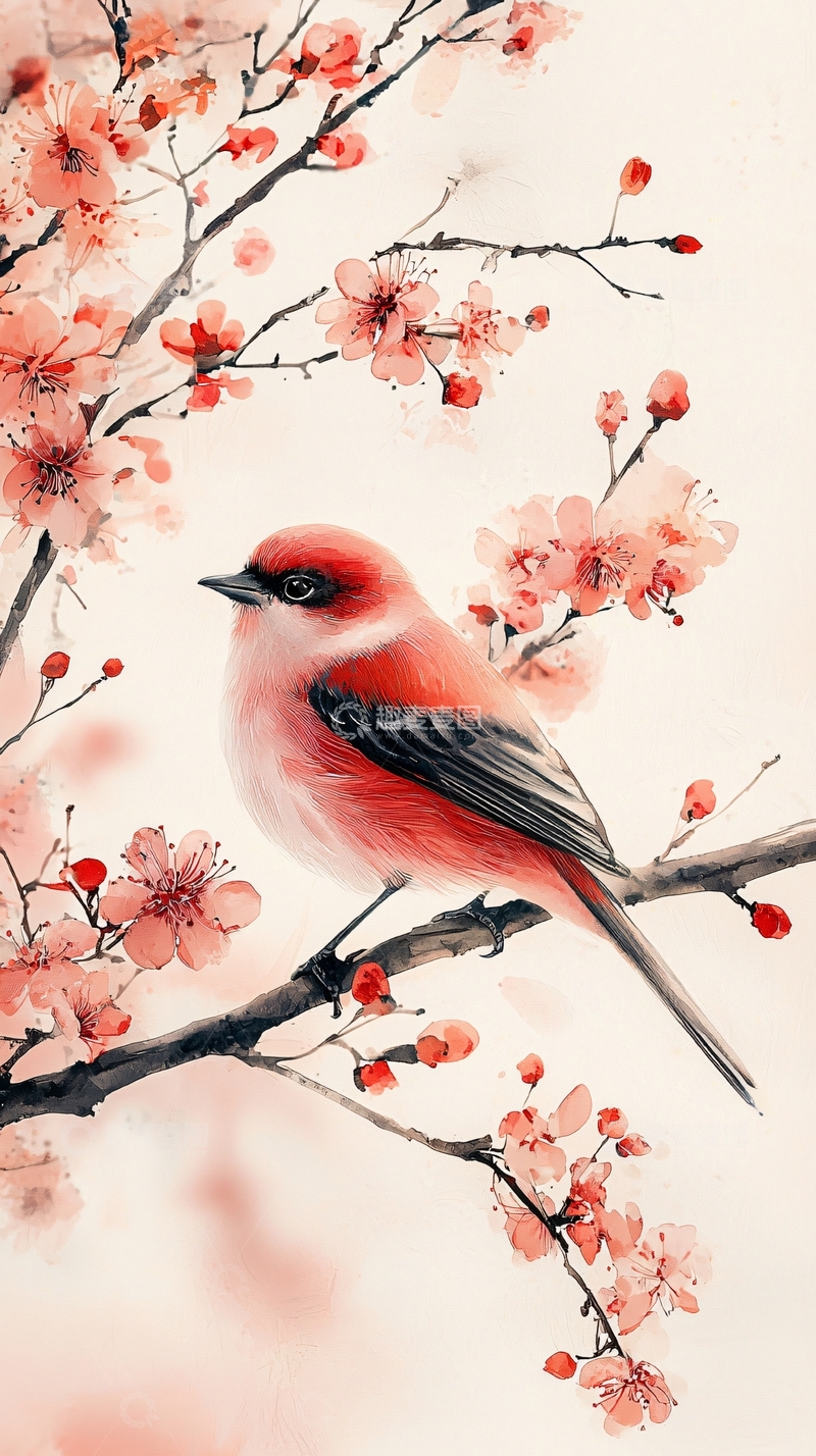 高清大图下载【趣麦麦图】红鸟栖息樱花枝头