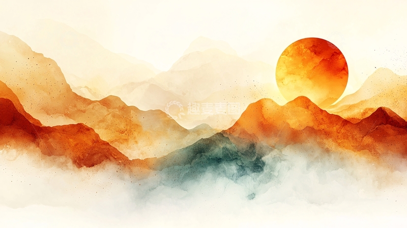 高清大图下载【趣麦麦图】水彩山脉日出