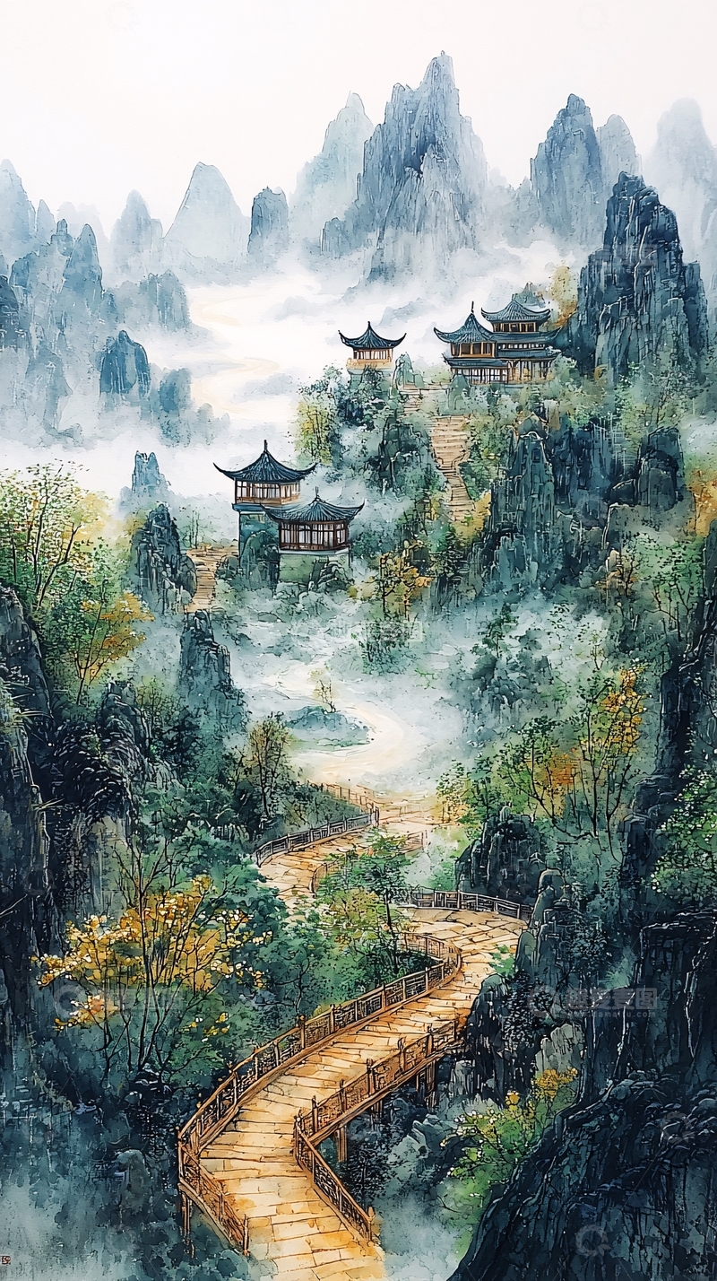 高清大图下载【趣麦麦图】仙境山峦古建水墨画