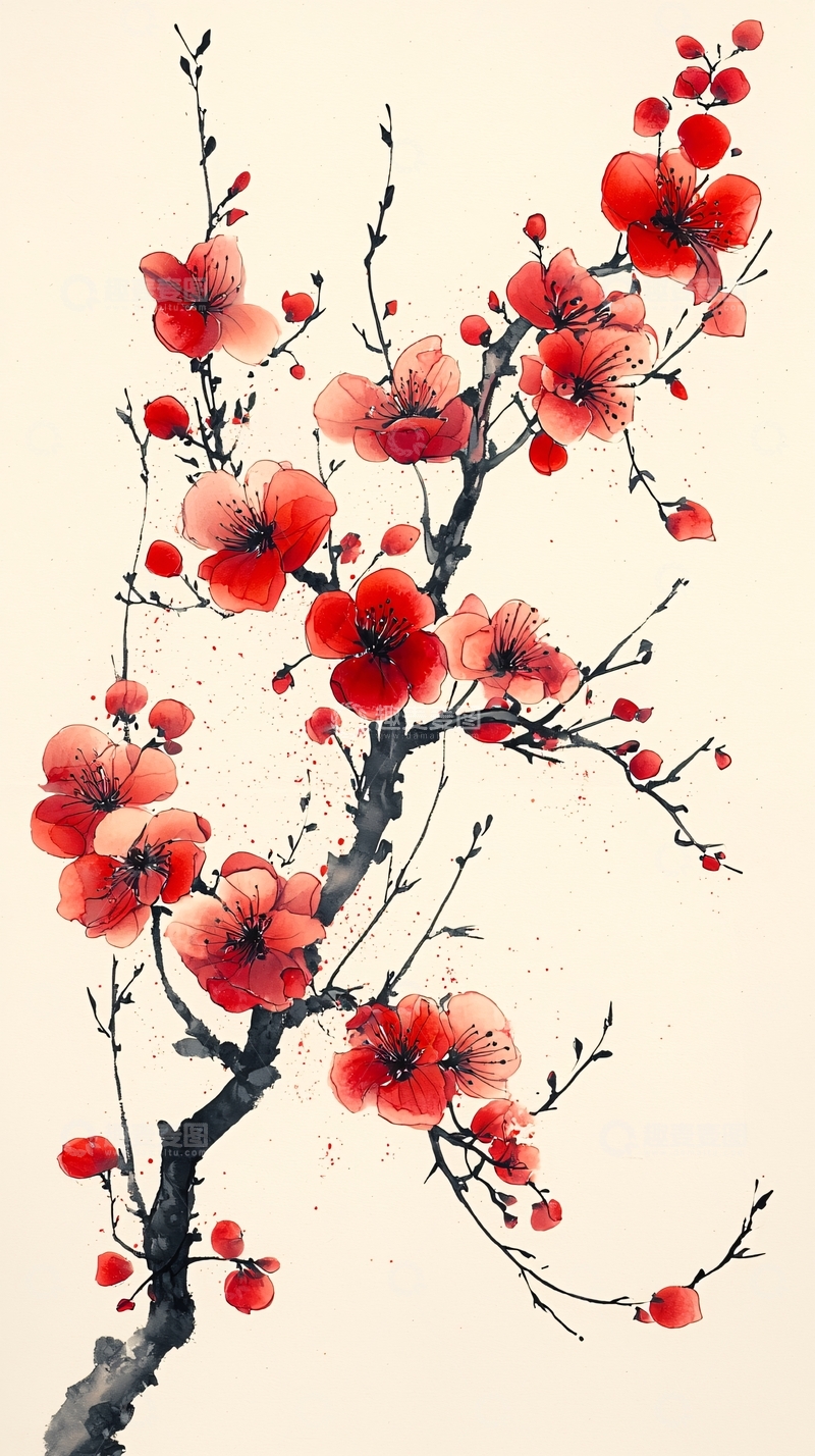 高清大图下载【趣麦麦图】水墨红梅