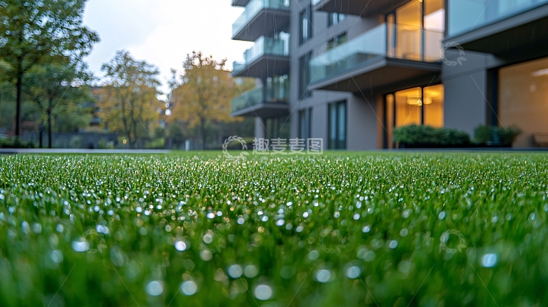 高清大图下载【趣麦麦图】清晨公寓楼前人工草坪