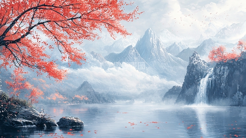 高清大图下载【趣麦麦图】红枫山峦湖泊景色