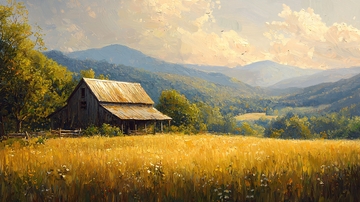 山间老旧谷仓秋景图