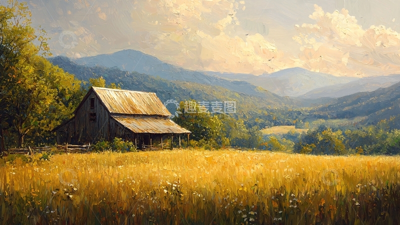 高清大图下载【趣麦麦图】山间老旧谷仓秋景图