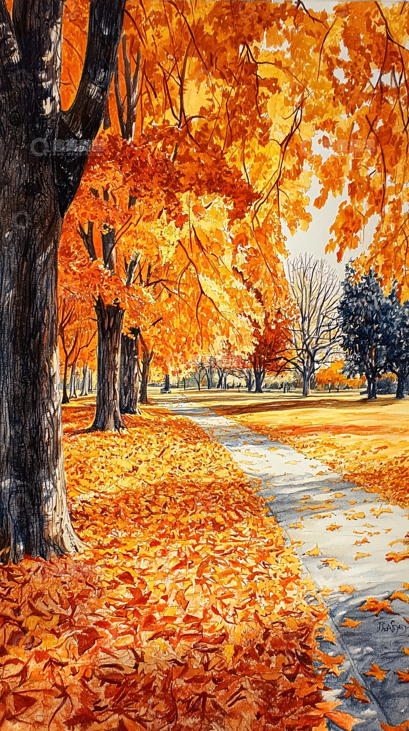 高清大图下载【趣麦麦图】秋日小路落叶缤纷