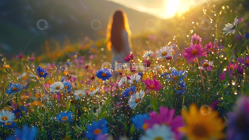 高清大图下载【趣麦麦图】日出花海中长发女子背影