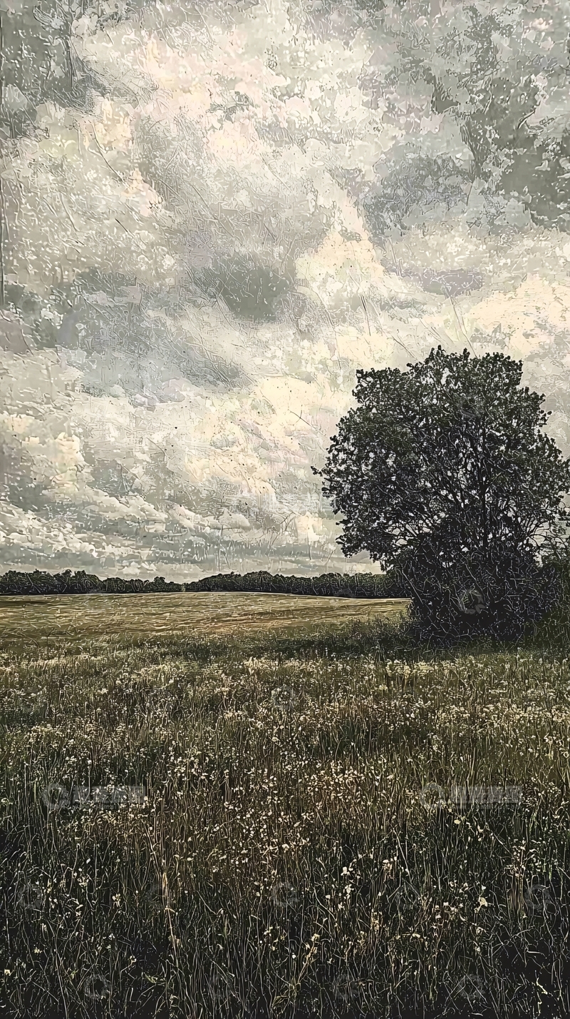 高清大图下载【趣麦麦图】田野里孤树下的阴天