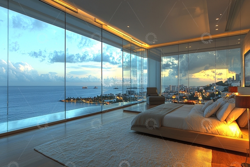 高清大图下载【趣麦麦图】海景卧室落地窗