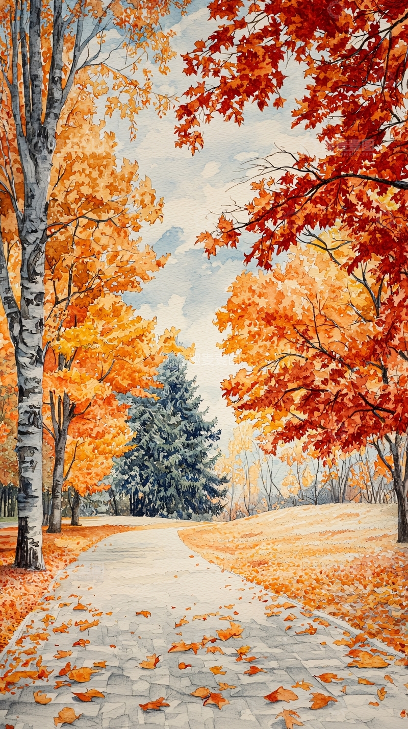 高清大图下载【趣麦麦图】秋日小路水彩画
