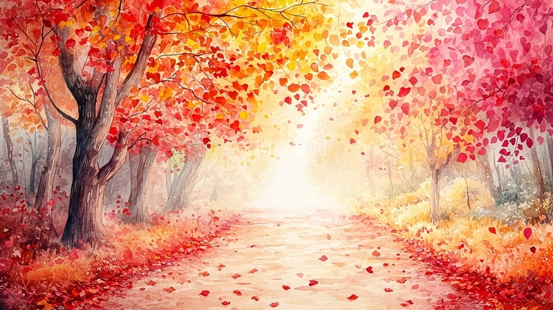 高清大图下载【趣麦麦图】秋日红叶林间小路