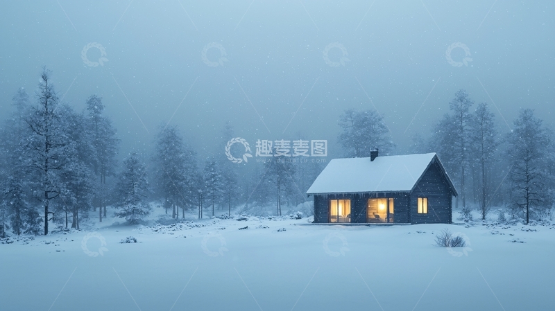 高清大图下载【趣麦麦图】冬夜森林小屋