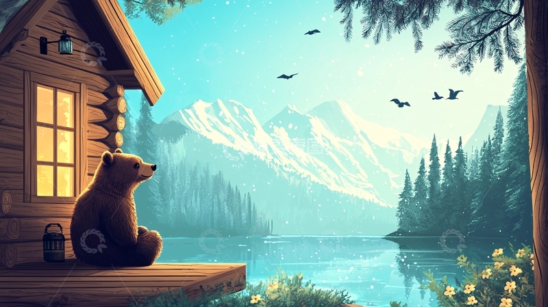 高清大图下载【趣麦麦图】木屋旁的熊与雪山湖景