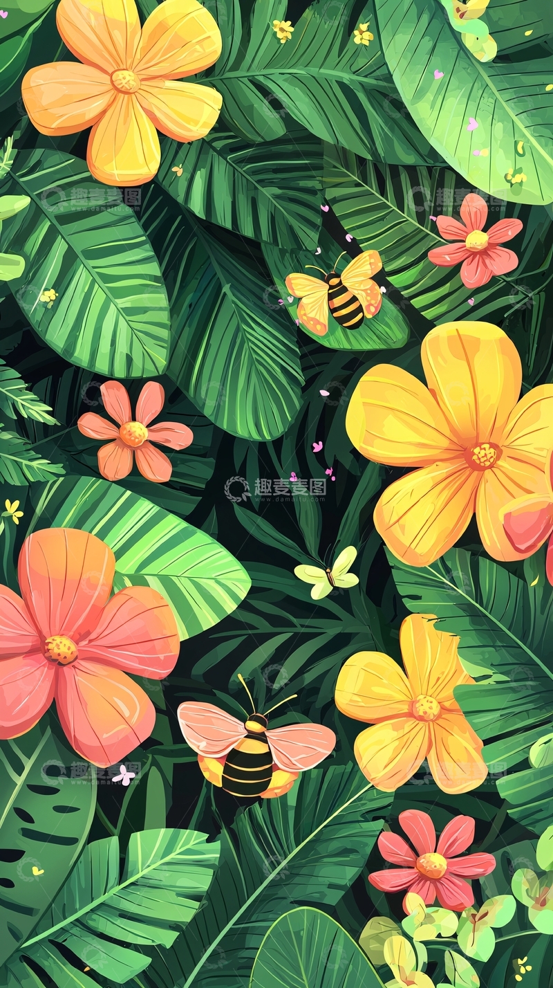 高清大图下载【趣麦麦图】热带植物花卉蜜蜂插画