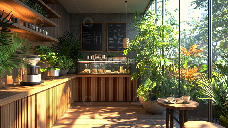 高清大图下载【趣麦麦图】木质咖啡馆绿植阳光