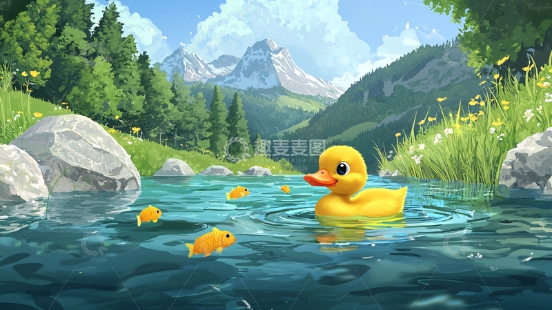 高清大图下载【趣麦麦图】卡通小鸭在清澈的河水中嬉戏