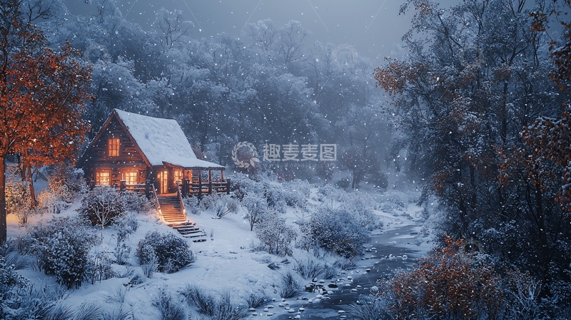 高清大图下载【趣麦麦图】雪中木屋