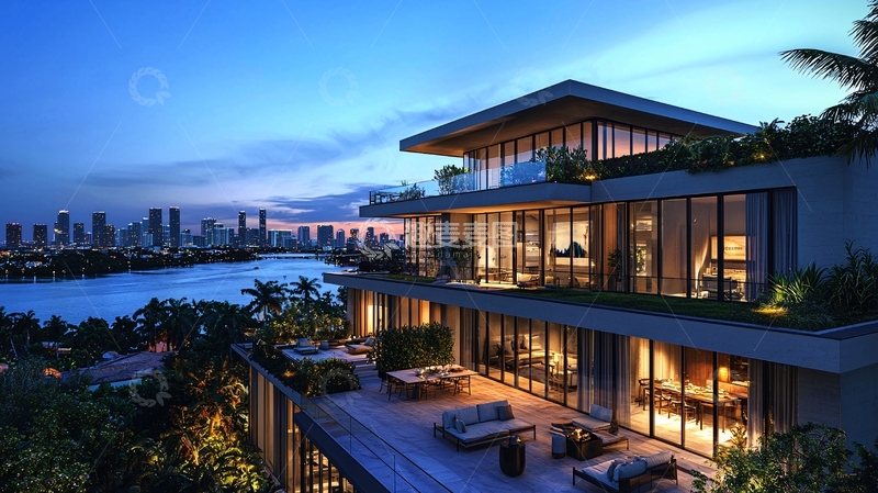 高清大图下载【趣麦麦图】现代风格海景别墅夜景