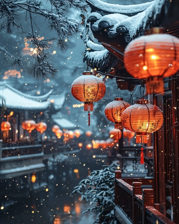 雪景古镇红灯笼