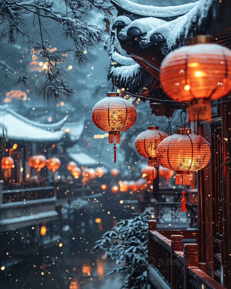 高清大图下载【趣麦麦图】雪景古镇红灯笼