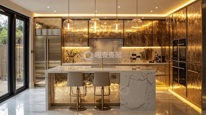 高清大图下载【趣麦麦图】现代轻奢金色橱柜厨房