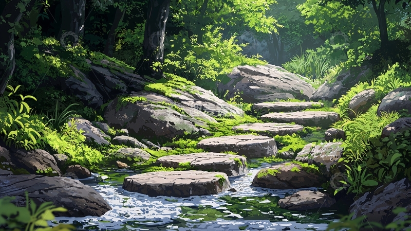 高清大图下载【趣麦麦图】森林小溪石阶