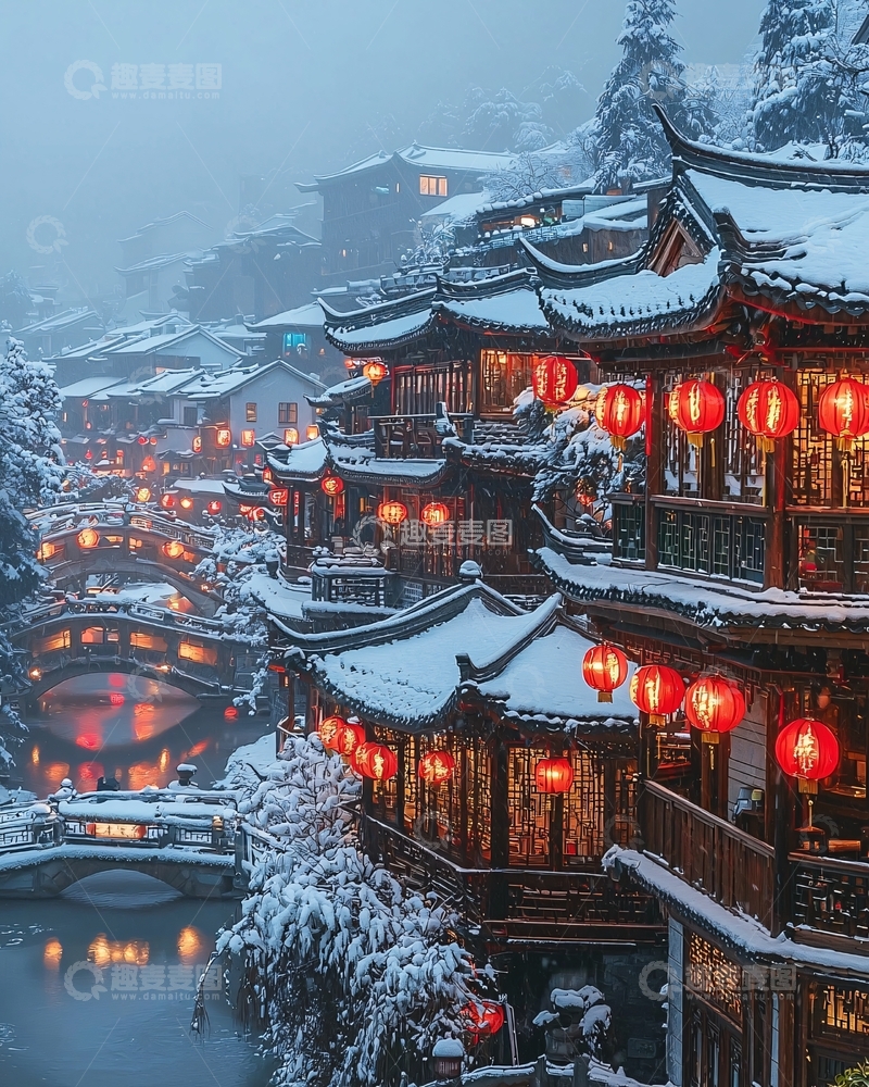 高清大图下载【趣麦麦图】雪景古镇