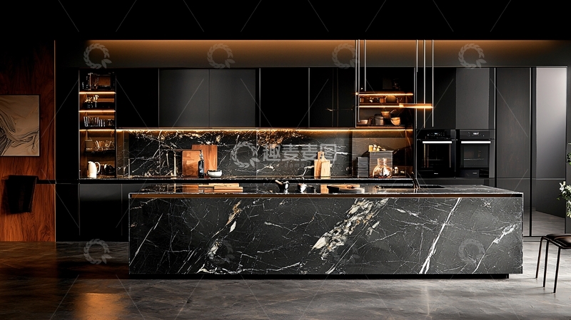 高清大图下载【趣麦麦图】黑色大理石台面现代化厨房