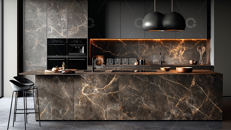 高清大图下载【趣麦麦图】现代极简黑色大理石厨房