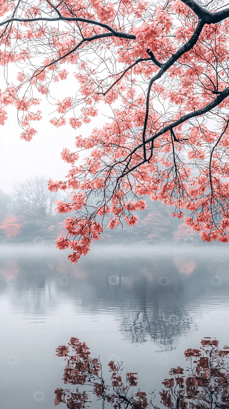 高清大图下载【趣麦麦图】粉红色枝条倒映湖面